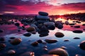 A mesmerizing sunset backdrop, highlighting Zen stones immersed in water Royalty Free Stock Photo