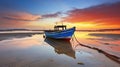 A Mesmerizing Sunset Casts its Radiance on a Fishing Boat during Low Tide. Generative AI Royalty Free Stock Photo