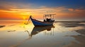 A Mesmerizing Sunset Casts its Radiance on a Fishing Boat during Low Tide. Generative AI Royalty Free Stock Photo