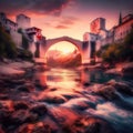 Mesmerizing sunset over the ancient Mostar bridge in Bosnia