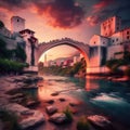 Mesmerizing sunset over the ancient Mostar bridge in Bosnia