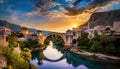 Mesmerizing sunset over the ancient Mostar bridge in Bosnia