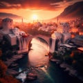 Mesmerizing sunset over the ancient Mostar bridge in Bosnia