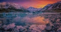 Mesmerizing sunset over the snowy hills with a frozen lake - great for a wallpaper