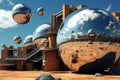 Mesmerizing Surreal spheres in yard of futuristic building. Generate ai