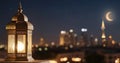 Traditional Islamic lanterns stand against the backdrop of a night city and starry sky with moon. Signifies the coming of Ramadan