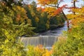 Mesmerizing Tahquamenon Falls waterfall in Michigan captured through autumn foliage, fall colors Royalty Free Stock Photo