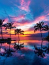 Mesmerizing tropical sunset over an island, with palm trees silhouetted against the vivid sky filled with brilliant hues Royalty Free Stock Photo