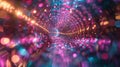 A mesmerizing tunnel of vibrant lights and glowing particles forms in the darkness leading to an unknown and magical Royalty Free Stock Photo