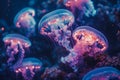 Mesmerizing Underwater Dance of Luminous Jellyfish in the Ocean Depths, Vivid Marine Life Scene with Floating Medusae