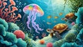 Detailed Underwater Illustration with Jellyfish, Turtles, and Lush Coral Garden, Set Against Blue-Green Waters Royalty Free Stock Photo