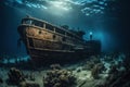 Shipwreck explorer- scuba diver standing on a wreck in underwater photography, unveiling a vivid and mysterious ambiance,