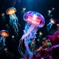Mesmerizing Underwater Scene with Bioluminescent Jellyfish