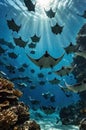 Oceanic Flight: Majestic Manta Rays Soaring in Underwater Symphony with Sunlit Waters Royalty Free Stock Photo