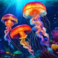 mesmerizing underwater scene with luminescent and colorful jellyfish