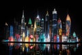 A mesmerizing view of a city with numerous towering buildings, brilliantly lit up against the night sky., A skyline view of Royalty Free Stock Photo