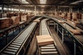 A mesmerizing view of conveyor belts in motion, swiftly sorting parcels with precision and efficiency. Generative Ai