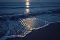 A mesmerizing view of a full moon slowly appearing over the vast ocean, as waves crash against the shore, A moonlit beach with Royalty Free Stock Photo