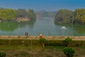 A mesmerizing view of hauz khas lake and garden from the hauz khas fort at hauz khas village at winter foggy morning