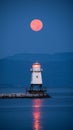 Mesmerizing view of the moon setting over Lake Champlain and a lighthouse, in Burlington, Vermont Royalty Free Stock Photo