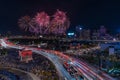 Mesmerizing view of The North Gate with fireworks background in Taipei, Taiwan