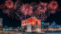 Mesmerizing view of The North Gate with fireworks background in Taipei, Taiwan