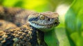 mesmerizing view of a rattlesnake coiled up in lush green foliage, wildlife photography