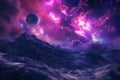 A mesmerizing view of a sky in shades of purple and blue, prominently featuring numerous stars, Stargazing at a neon-hued nebula