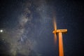 Mesmerizing view of a starry night with a working wind turbine on the top of Jiugong Mountain