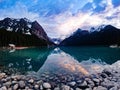 Mesmerizing view of turquoise, glacier-fed Louise Lake in Banff National Park in Canadian Rockies. Royalty Free Stock Photo