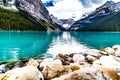 Mesmerizing view of turquoise, glacier-fed Louise Lake in Banff National Park in Canadian Rockies. Royalty Free Stock Photo