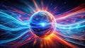 A celestial body enveloped by vibrant, intertwined energy streams, representing a dynamic cosmic dance of light and power. Royalty Free Stock Photo