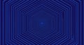 Deep blue hexagonal tunnel illusion with repeating geometric patterns and a faint light at the end Royalty Free Stock Photo