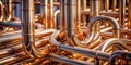 Intricate network of polished copper pipes a study in industrial design. Generative AI Royalty Free Stock Photo