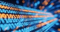 Abstract digital stream of glowing binary code data flowing into a futuristic technological network with vibrant blue and orange Royalty Free Stock Photo