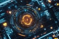 A mesmerizing visualization of AI-powered cybersecurity, featuring glowing holographic firewall