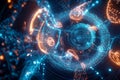 A mesmerizing visualization of AI-powered cybersecurity, featuring glowing holographic firewall