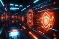 A mesmerizing visualization of futuristic AI-powered cybersecurity, featuring glowing holographic