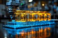 A mesmerizing visualization of futuristic architecture. A robotic arm hovers over a luminous, wireframe building model,