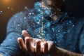Mesmerizing visualization of glowing DNA helix floating above hands in dark environment with futuristic lights and particle eff