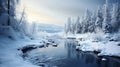 Ethereal Landscape: A Breathtaking Snowy Forest With A Serene River