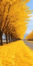 Mesmerizing Yellow Trees On A Colorized Lane: Captivating Site-specific Visual Aesthetic Royalty Free Stock Photo