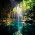 Mesoamerican-inspired Cave With Green Water Hole: A Dreamy National Geographic Photo Royalty Free Stock Photo