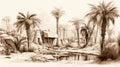 Mesopotamian-inspired Sepia Drawing Of Palm Trees And Stream A Captivating Oasis Ready For Harvest