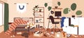 Mess and dirt in home room. Messy dirty interior. Chaos and disorder in apartment. Unclean untidy house panorama with Royalty Free Stock Photo