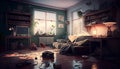 mess, disorder and interior concept - view of messy home kids room with scattered stuff. Bachelors Apartment. Royalty Free Stock Photo