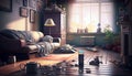 mess, disorder and interior concept - view of messy home kids room with scattered stuff. Bachelors Apartment. Royalty Free Stock Photo