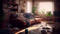mess, disorder and interior concept - view of messy home kids room with scattered stuff. Bachelors Apartment. Royalty Free Stock Photo