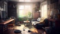 mess, disorder and interior concept - view of messy home kids room with scattered stuff. Bachelors Apartment. Royalty Free Stock Photo