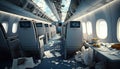 Mess in plane aisle after strong turbulence scattered personal belongings food between rows of seats